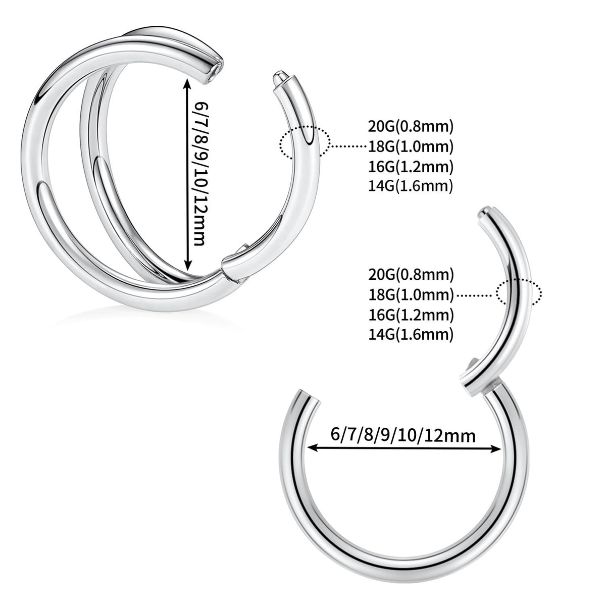 14g Nose Ring Hoop Earrings Double Hoop Nose Hoops 14 Gauge Lip Rings Septum Jewelry Seamless Silver Septum Clicker 12mm Septum Ring Cartilage Earring Helix Earrings Nose Rings Surgical Steel Piercing