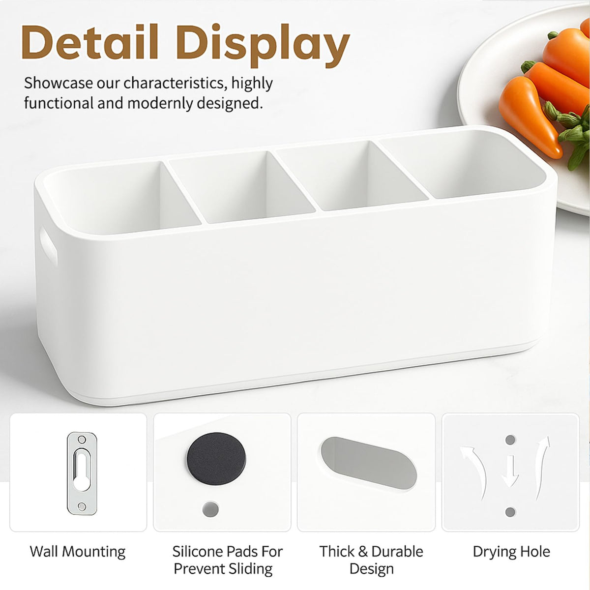 White Wooden Utensil Holder for Counter or Countertop - Extra Large 4 Compartment Wood Utensil Organizer, Painted Spatula Holder, Silverware Crock, Kitchen Utensil Storage
