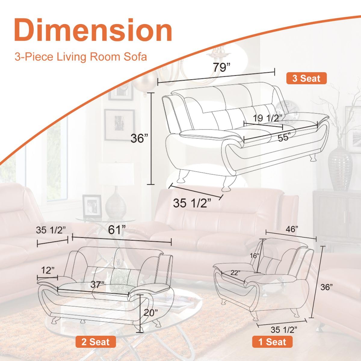 UOCFYK Lounge Comfy Faux Leather Sofa Modern Couch for Small Living Room/Dorm/Bedroom/Office/Apartment for Small Spaces, (Orange, Three-Person Seat)