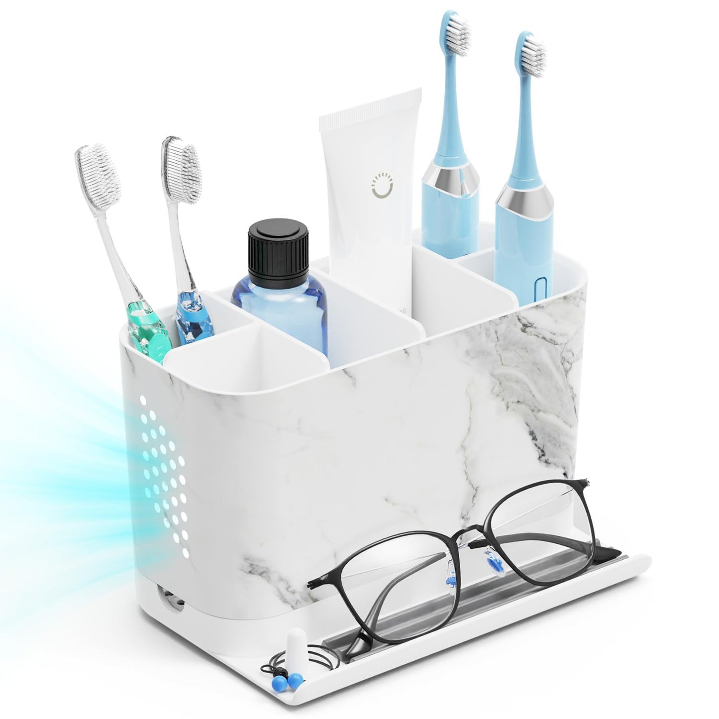 Toothbrush Holders, Toothbrush Caddy with Front Ledge and Cord Slots, Detachable Tooth Brush Holder for Bathroom Countertop, Shower, Vanity, Large Capacity 6 Slots Marble Bathroom Accessories