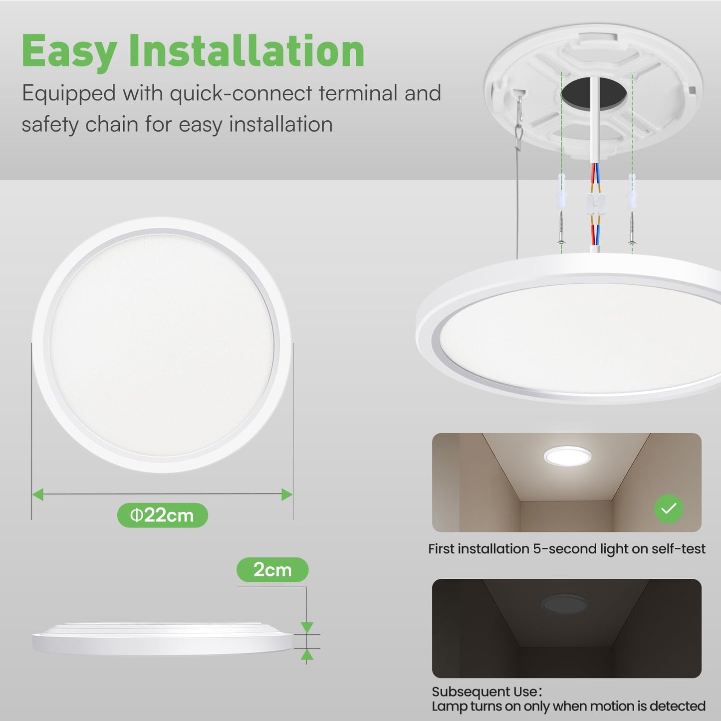 ALUSSO LED Ceiling Light Radar Motion Sensor, 18W Ceiling Lights 3CCT 3000K 4000K 6500K 1600LM, IP44 Waterproof Bathroom Ceiling Light for Toilet Stair Loft Porch Bath Attic Garage, Ø22cm