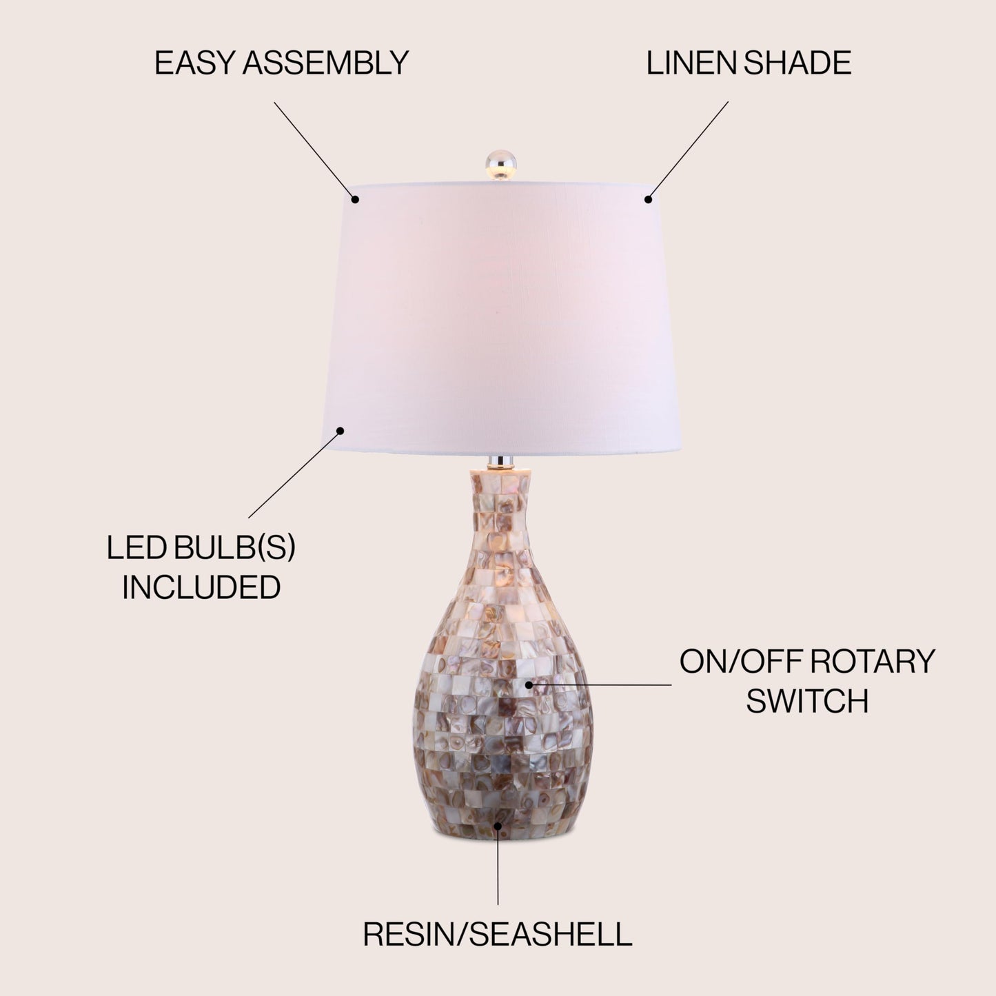 JONATHAN Y 26.5" Ivory Beige Mosaic Seashell LED Table Lamp for Living Room Bedroom Nightstand, Coastal Capiz Shell Base with White Linen Drum Shade, LED Bulb Included JYL1054A