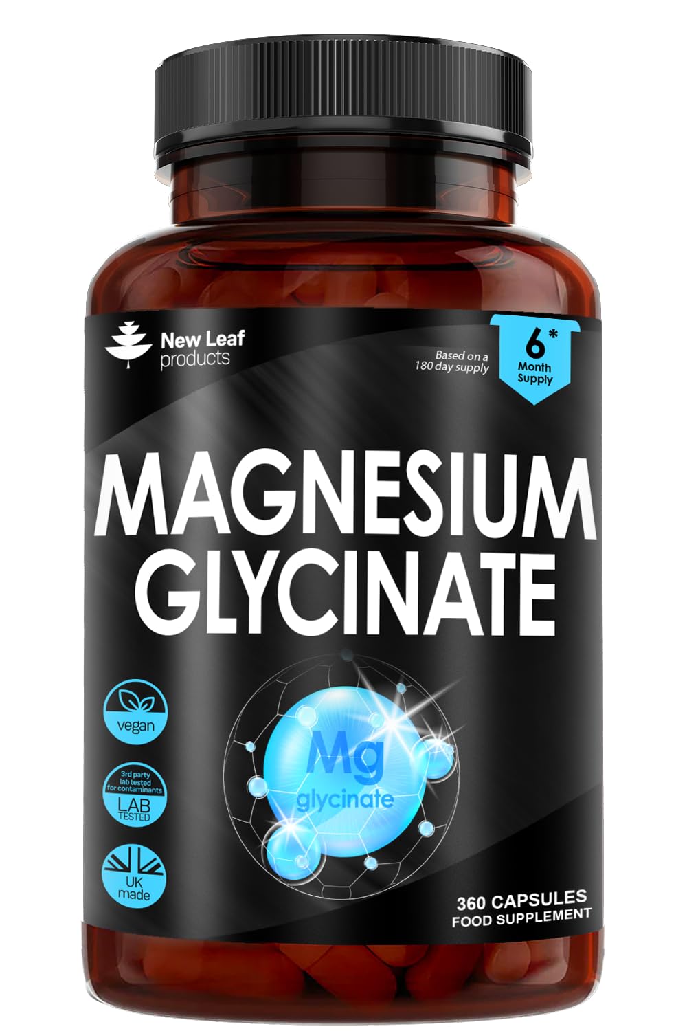 Magnesium Glycinate - 360 High Strength Capsules Pure Magnesium - 1040mg of Magnesium Providing 208mg Elemental Magnesium Per Serving -Magnesium Supplements – Bones, Muscle Health, Vegan, UK Made