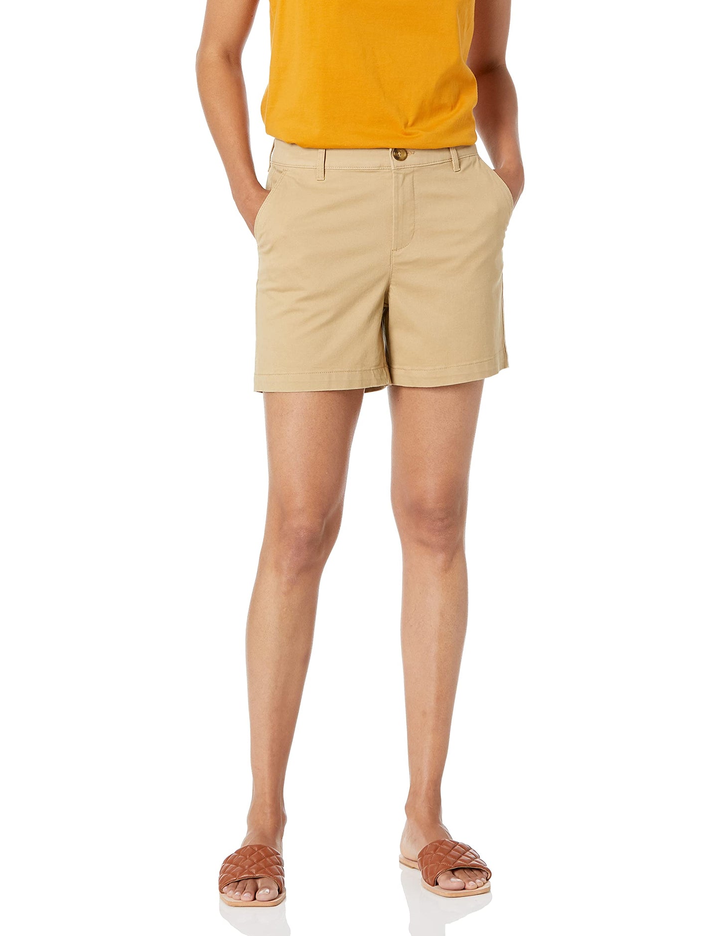 Amazon Essentials Women's Mid-Rise Slim-Fit 5 Inch Inseam Khaki Short (Available in Straight and Curvy Fits), Khaki Brown, 8