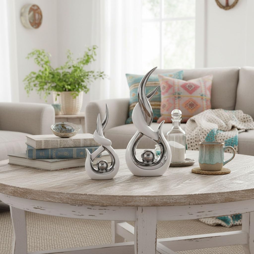 White Silver Ceramic Abstract 2 Piece Statue Set,Mid Century Modern Abstract Art Home Decor Statue Mantelpiece on Unique Shelf Decor, TV Cabinet Divider Table top and Dining Table Centerpiece