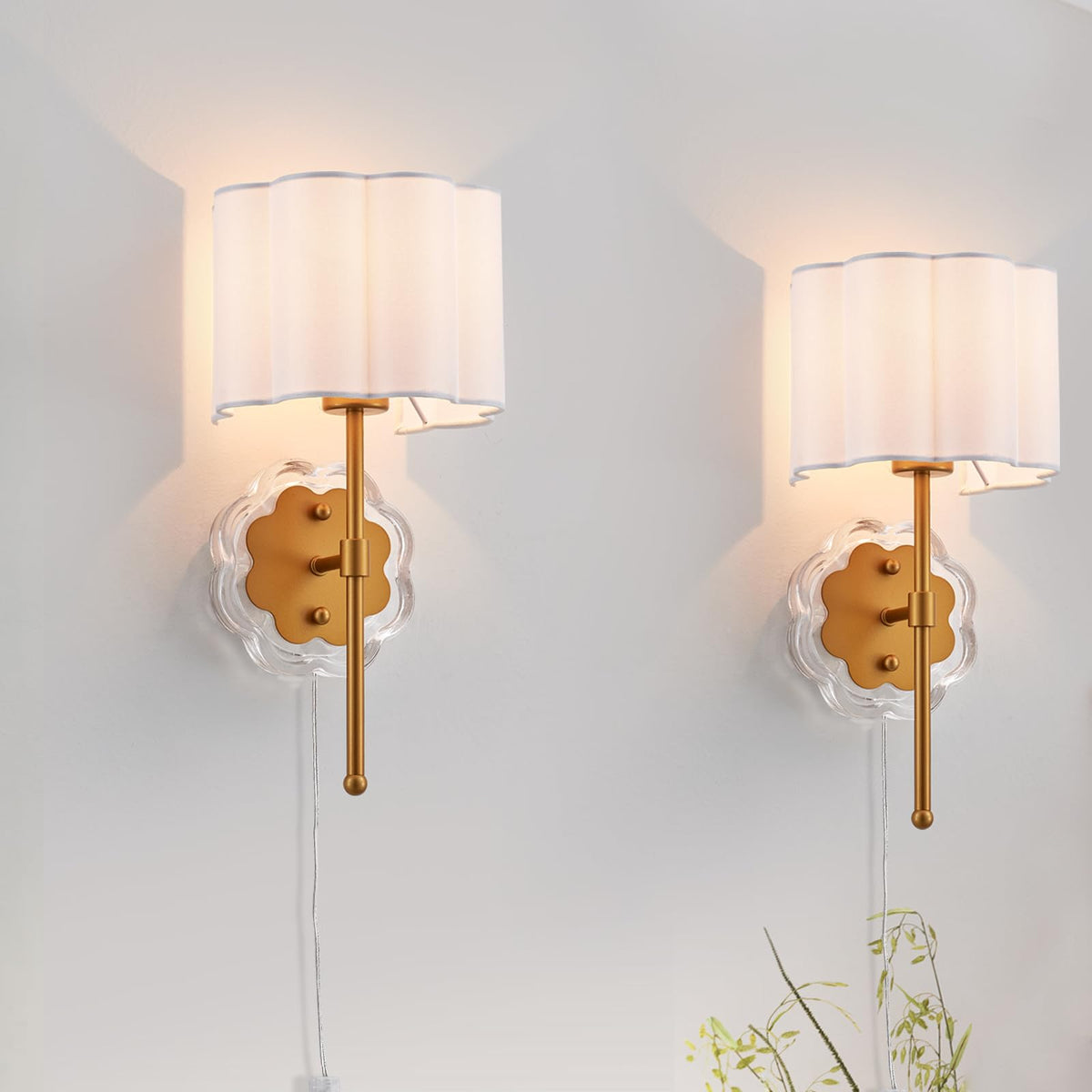 MhyTogn Modern Plug-in Wall Sconce Set of 2, with Creamy-White Fabric Flower and Antique Brass Brush Paint Finish Shade for Vanity Stairway Fireplace Kitchen Living Room Bedside