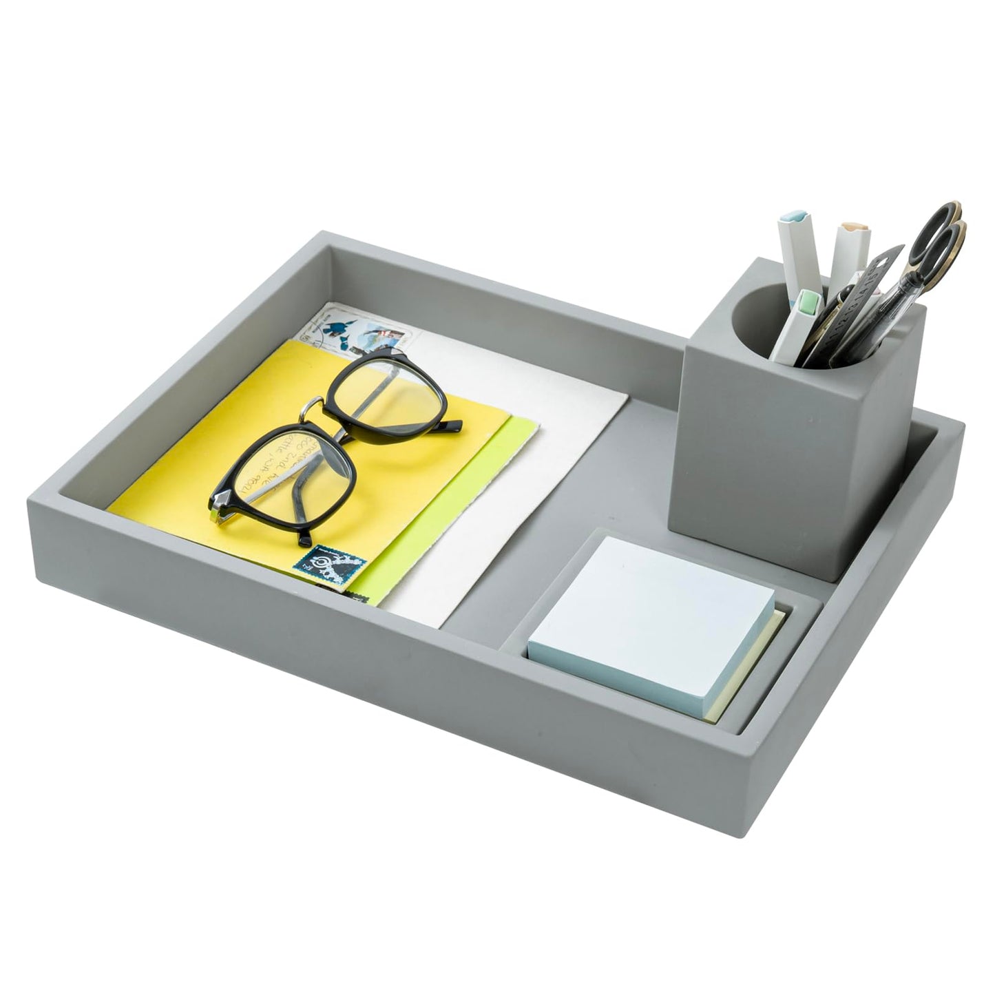 MyGift 3 pcs Set Modern Gray Concrete Desk Organizer Trays, Desktop Office Paper Tray, Stationery Holder Pencil Cup, Sticky Note Pad Holder