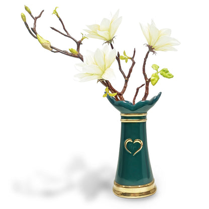 LoveLin,Artificial Flowers with Ceramic Vases,Faux Flower Arrangement,Affordable Luxury Artwork,Housewarming New Year Xmas Gift,Home Decor (White/Dark Green)