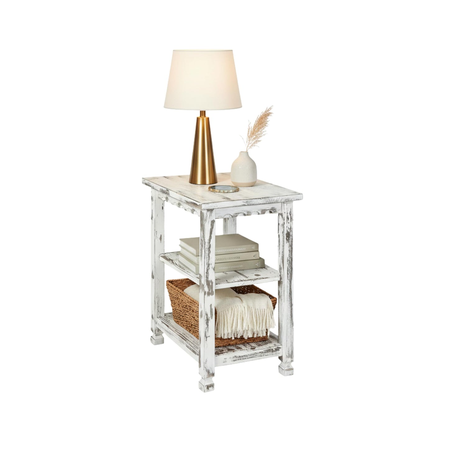 Alaterre Furniture Country Cottage Rustic Farmhouse Nightstand – 3-Tier Narrow End Table with Weathered Faded Finish, Carved Edges, & Turned Legs (Distressed Antique White)