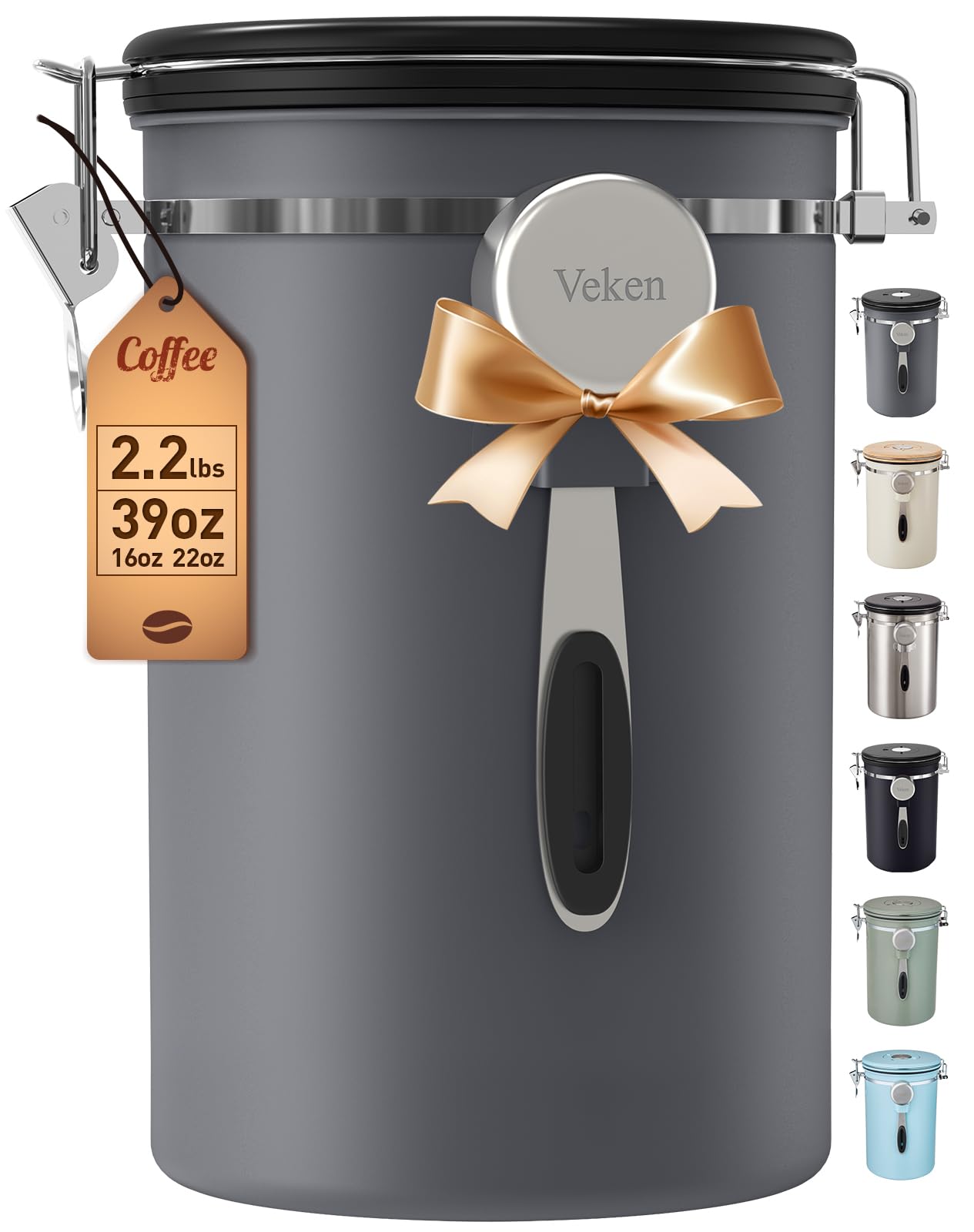 Veken Coffee Canister, 39OZ Large,Airtight Stainless Steel Food Storage Container for 2.2lbs Beans,Ground,Sugar,Espresso,Rice,Tea,Flour,Cereal,Cookie,Lids,Jars,Gifts,Scoop,Kitchen Bar Accessories,Gray