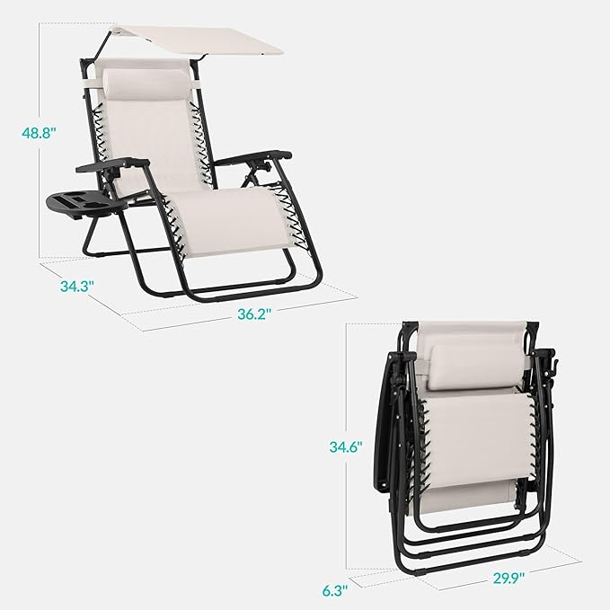 Best Choice Products 30” Wide Folding Zero Gravity Outdoor Recliner Patio Lounge Chair w/Adjustable Canopy Shade, Headrest, Side Accessory Tray - Ivory