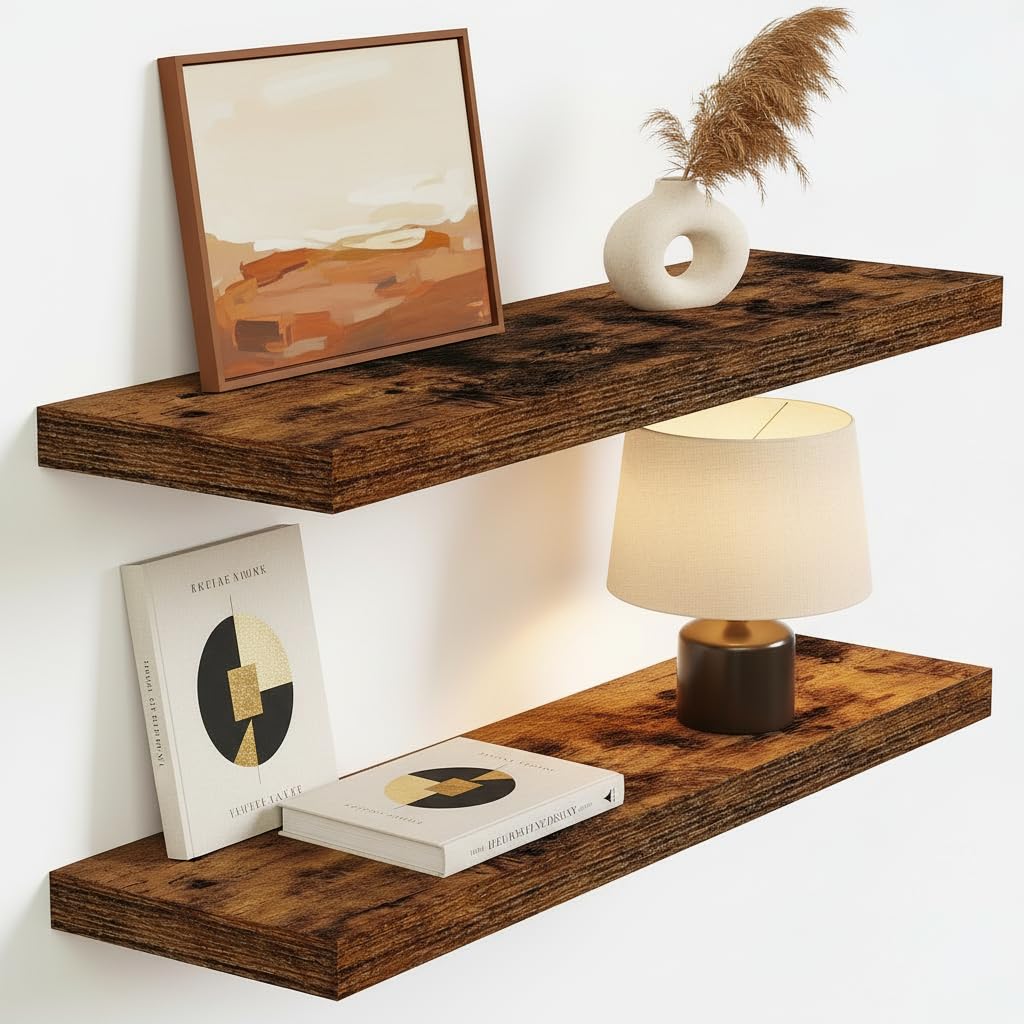 Vivelove Floating Shelves for Wall Mounted, 24 Inch Bathroom Shelves, Display Shelf for Living Room Kitchen Bedroom Office Farmhouse Home Decor, 24" X 9.3" X 1.5" - Set of 2, Rustic Brown