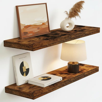 Vivelove Floating Shelves for Wall Mounted, 24 Inch Bathroom Shelves, Display Shelf for Living Room Kitchen Bedroom Office Farmhouse Home Decor, 24" X 9.3" X 1.5" - Set of 2, Rustic Brown