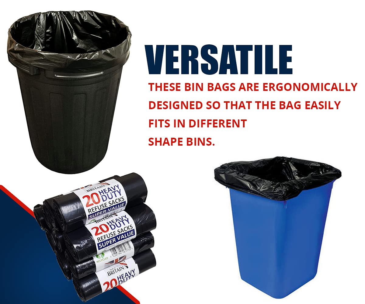 200 Heavy Duty Black Bin Liners Refuse Sacks Bin Bag Rolls - Made in Britain