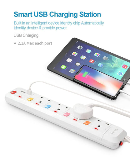 Extension Lead with USB Slots 3M,Mscien 4 Way Sockets Individually Switched Power Extension with Surge Protection, Overload Protecton,Cicurit protection,Wall Mountable Extension Cord