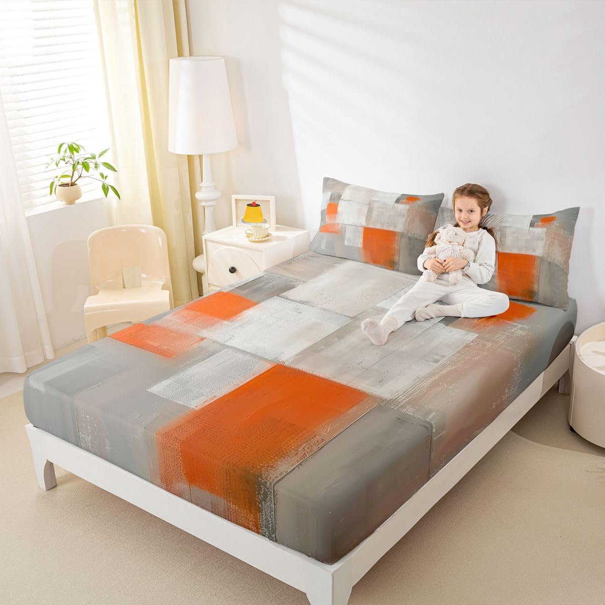 jejeloiu Abstract Fitted Sheet with 2 Pillowcases Full Size Orange Ombre Bed Sheets Set 16" Deep Pocket Boys Girls Modern Art Bedding Luxury Teens Bedroom Decor Breathable Soft Lightweight Microfiber