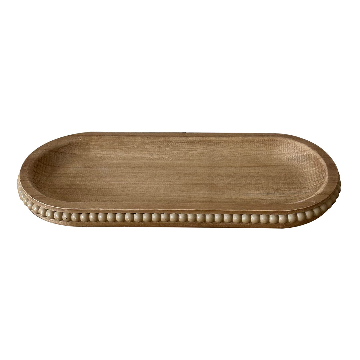 dwellington Wooden Farmhouse Decorative Tray, 11.8in Rustic Beaded Tray for Living Room Decor, Kitchen Table Décor, Oval Coffee Table Serving Tray (Natural)