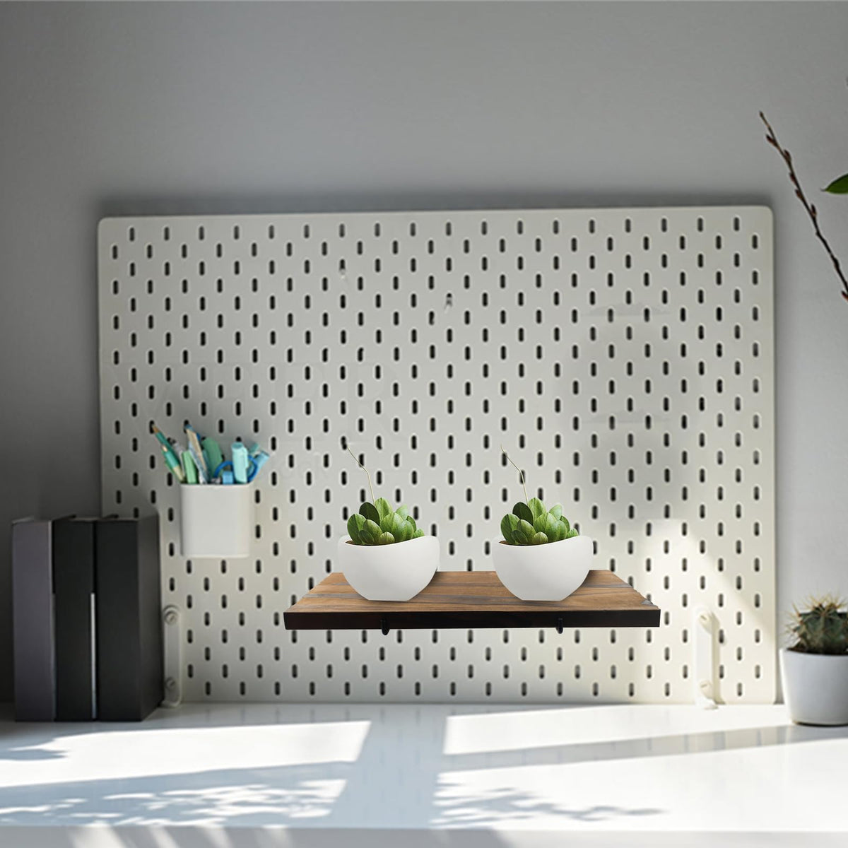 3 PCS Wooden Pegboard Shelves with 6 PCS Metal Pegboard Shelf Brackets Pegboard Hooks, Heavy Duty PegBoard Organizer Shelves, Pegboard Accessories for Craft Room, Home, Kitchen, Garage, Office
