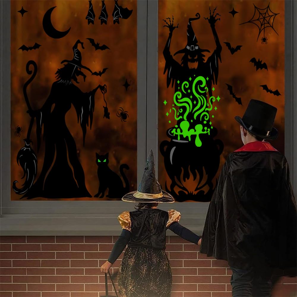 Vellibring Halloween Window Clings Decorations,Extra Large Double-Sided Reusable Decals Halloween Witches Bat Silhouette Stickers for Home Office School Glass Window Decor