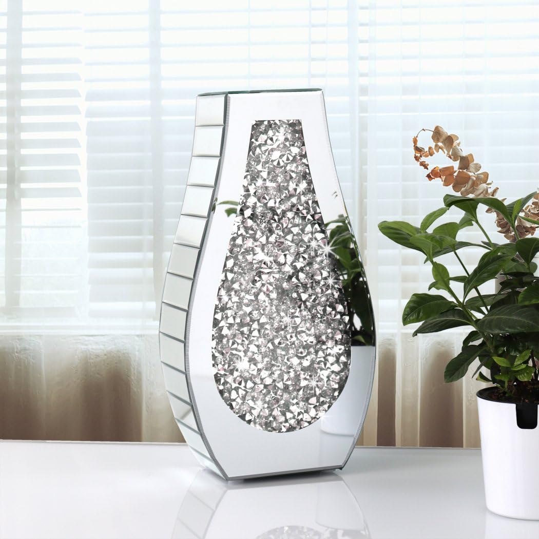 15" Crushed Diamond Mirror Vase, Silver Luxury Table Decor