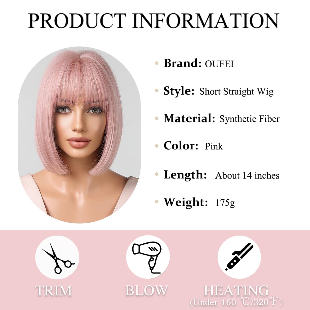 OUFEI Pink Bob Wig With Bangs Short Straight Wig For Women Synthetic Hair Wigs for Daily Party Cosplay Wear