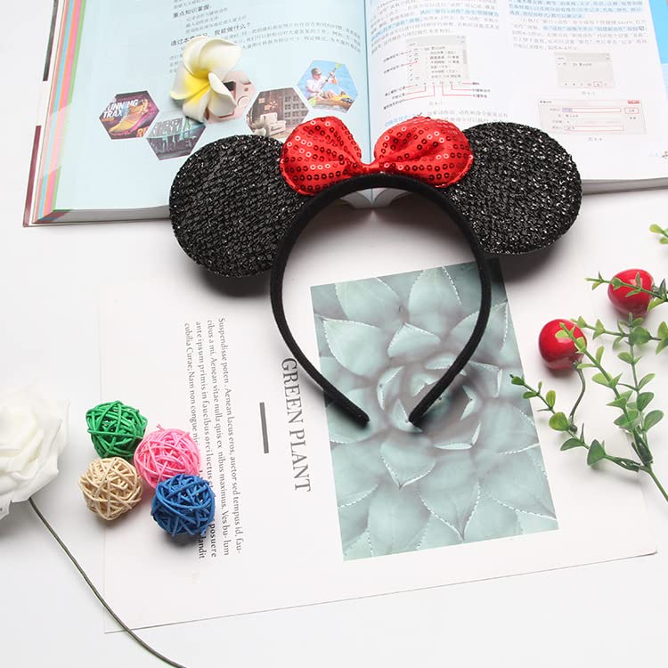 winvin Set of 24 Mouse Costume Deluxe Fabric Ears Headband Red Bow Boys Girls Birthday Party Hairs Accessories Baby Shower Headwear Halloween Favors Decorations (Sequin Black and Red)