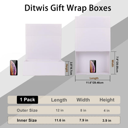 Ditwis 12x8x4 Inches Gift Box with Magnetic Closure Lid, White Magnetic Box for Wedding, Groomsmen Bridesmaid Proposal, Birthdays, Mother's Day, 1 Pack