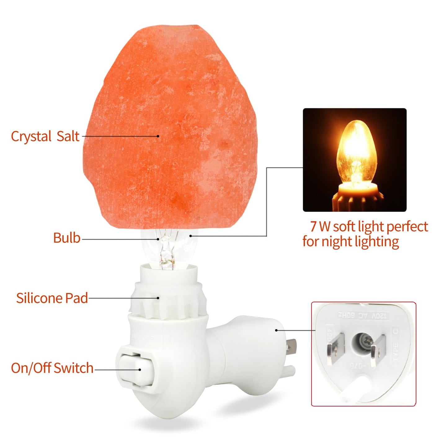 Betus Natural Crystal Himalayan Salt Wall Lamp - Air Purifying Night Light - 360° Rotatable Plug 7W Bulb - Natural