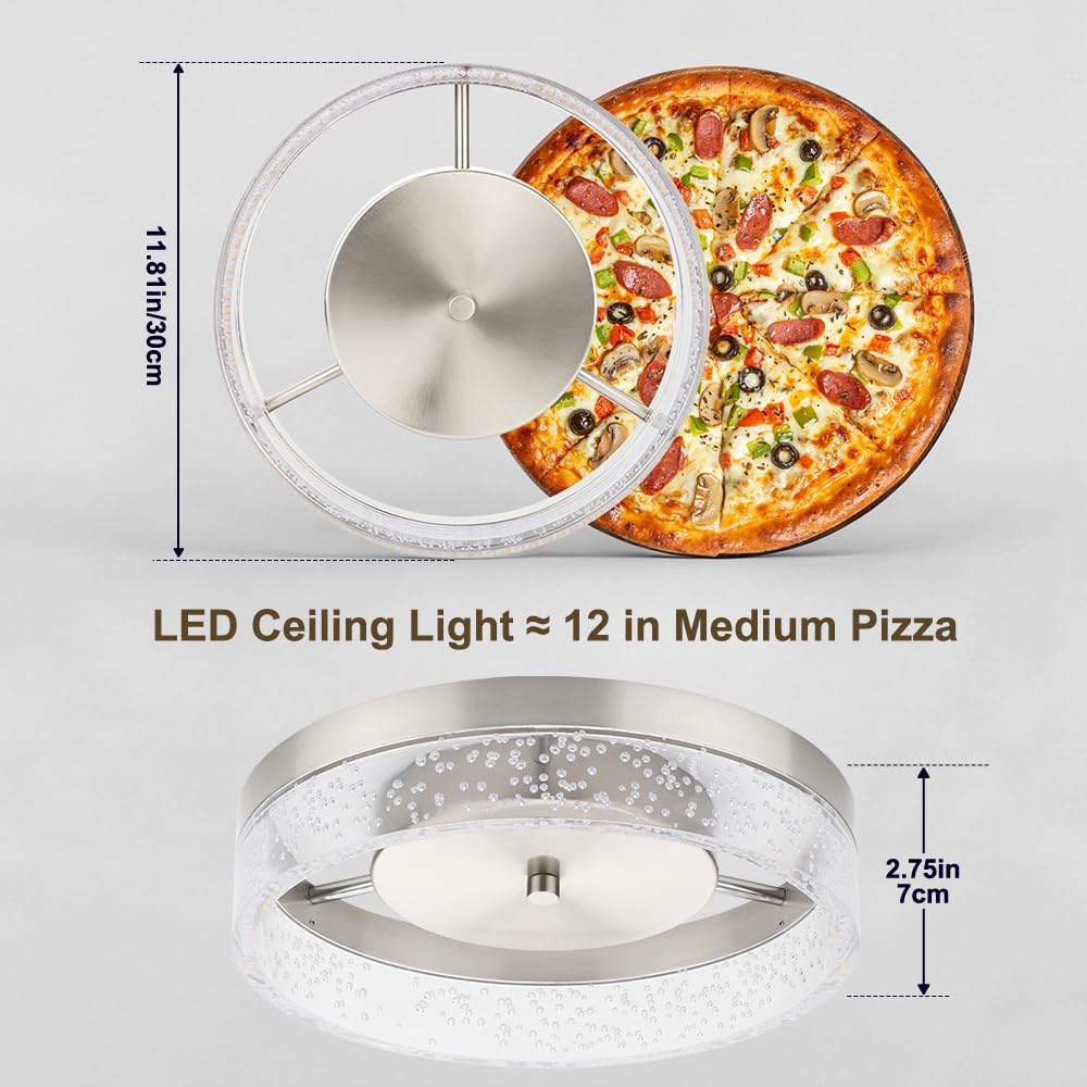 Bekada LED Flush Mount Ceiling Light Fixture, 12In Crystal Chandelier with Clear Bubble Acrylic, Modern Ceiling Lighting for Dining Room, Bedroom, Living Room, Kitchen, Brushed Nickel, 4000K Dimmable