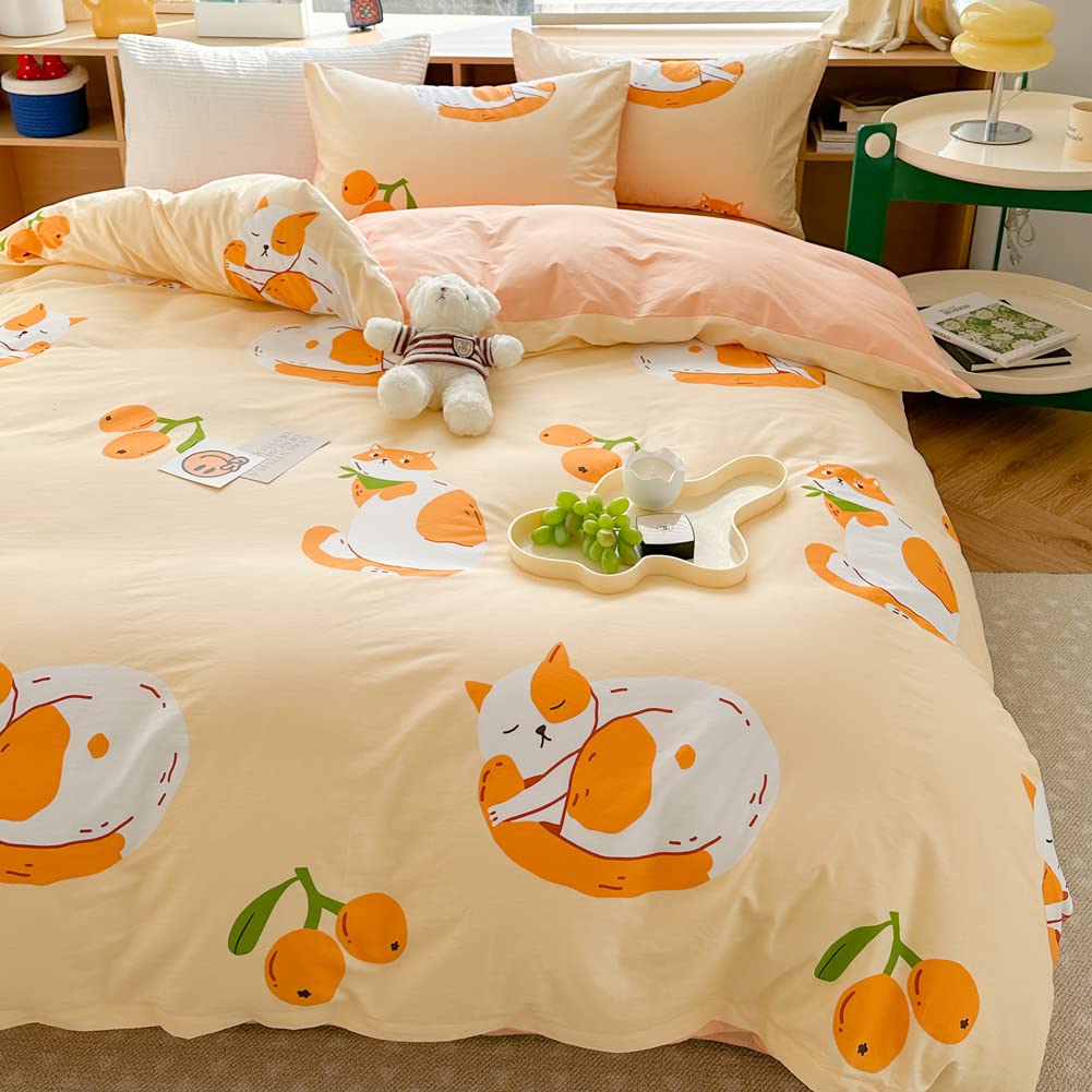 LIWHENHAO Cats Duvet Cover Set Queen 100% Cotton Bedding Cartoon Cute Cat on Orange 1 Kawaii Animal Comforter Cover Full Zipper Closure 2 Pillowcases for Kids Girls Boys Woman