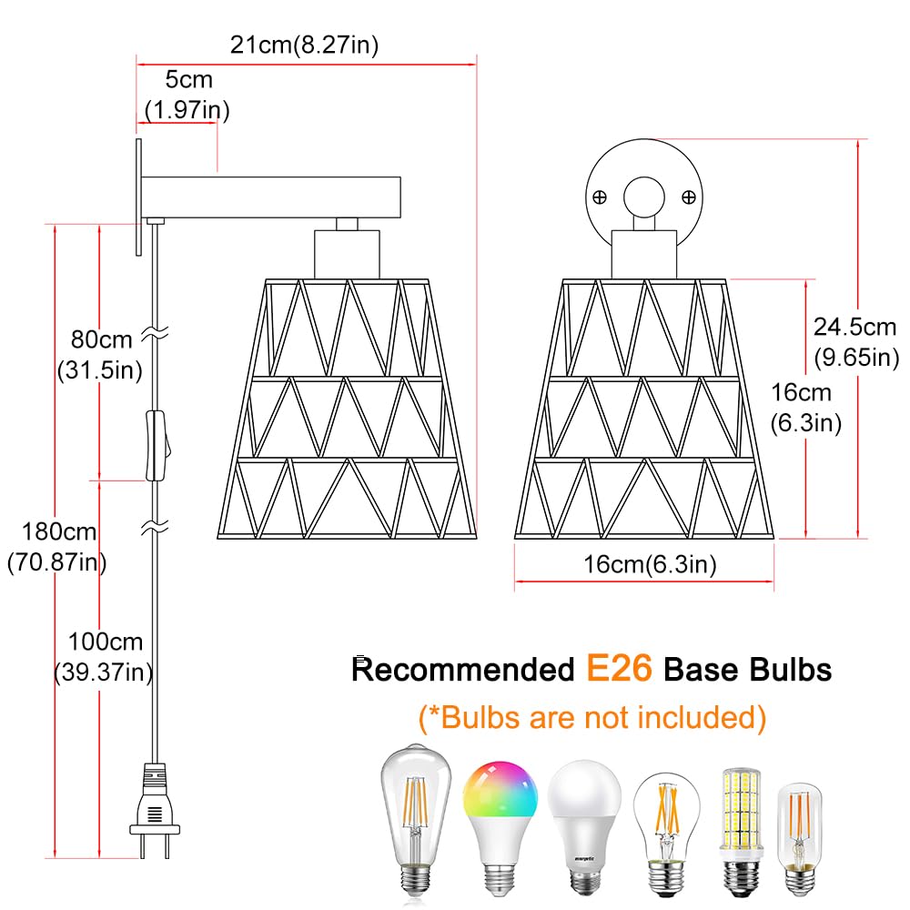 Boho Plug in Wall Sconce Set of 2 – Black Farmhouse Wall Lights with Rattan Shade | Bedroom & Living Room Plug in Wall Lamps for Sofa (5.9FT On/Off Switch Cord)