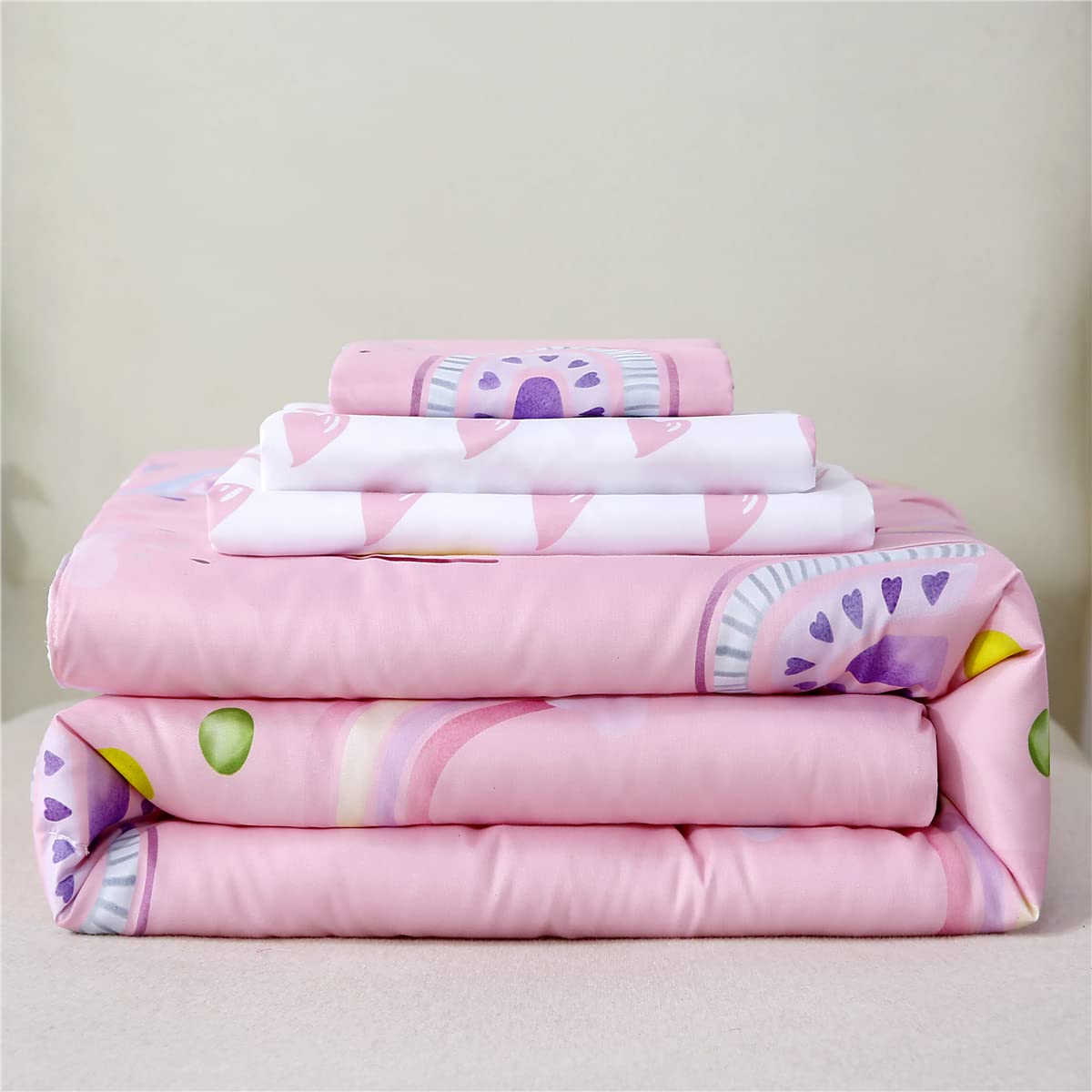 URBONUR 4-Piece Toddler Bedding Set - Ultra Soft Colorful Rainbow Cloud Pink Girls Toddler Comforter Set - Include Comforter, Flat Sheet, Fitted Sheet and Reversible Pillowcase