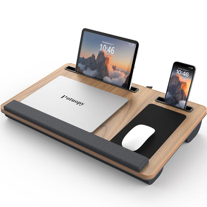 Potuopy Lap Desk - Up to 17” Laptop Tray with Wrist Rest, Portable Handle, Fixed Mouse Pad, Tablet & Phone Slots, Laptop Stand for Bed with Cushion (Dark Brown Woodgrain)