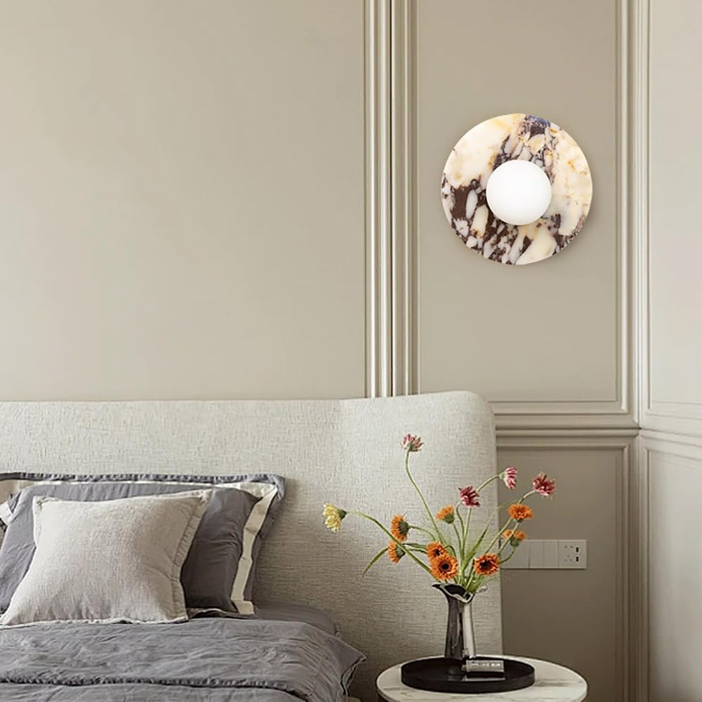 Alabaster Wall Sconces, 7.8 Inch Nordic Style Natural Stone Wall Lamp Round Marble Sconces Wall Lighting with Globe Glass Shade, Hardwired Indoor Wall Lights for Living Room Bedroom Hallway Stairs