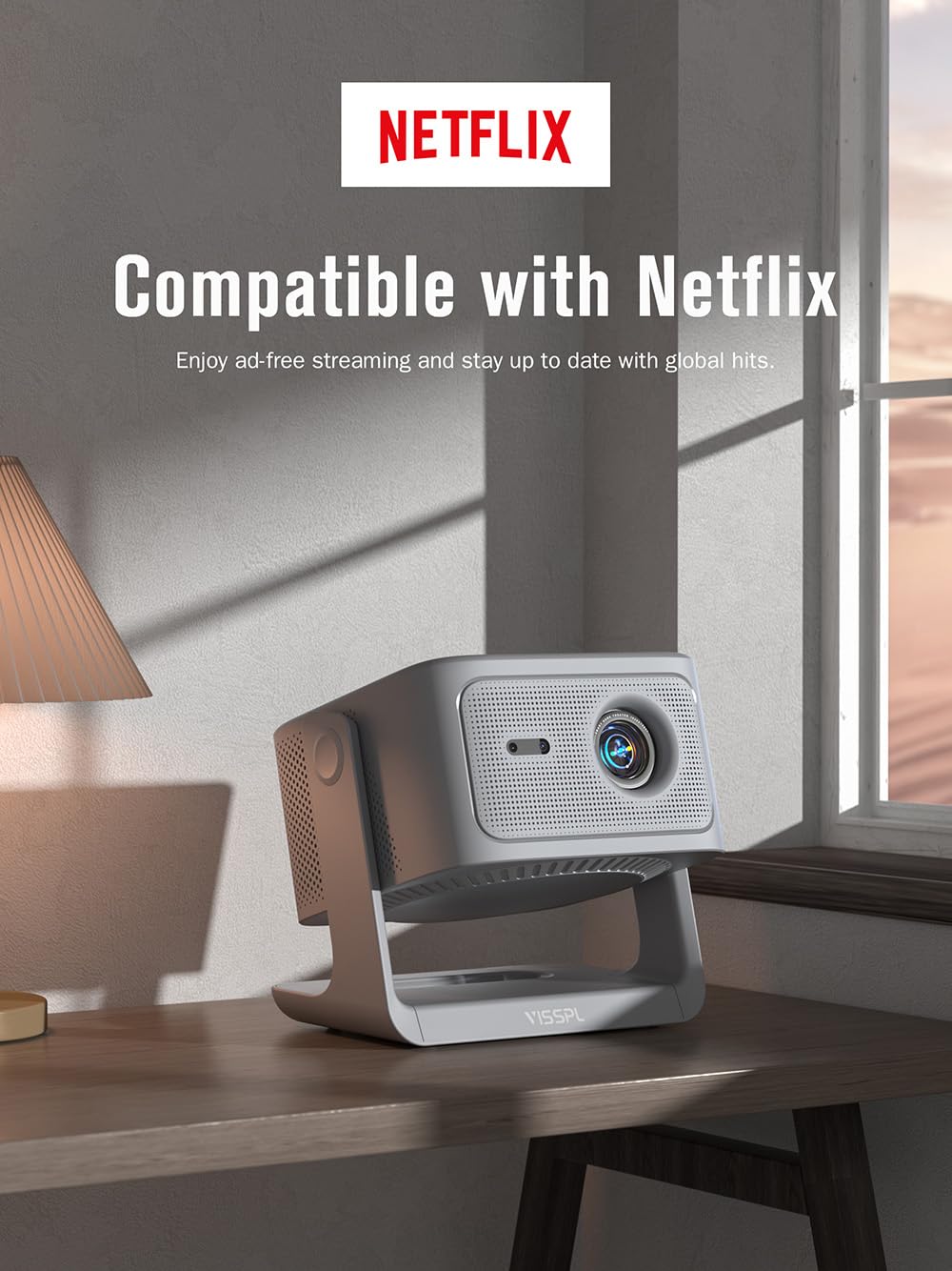 【Officially-Licensed APP & 2500ANSI】Smart 4K Projector with WiFi and Bluetooth, VISSPL Native 1080P Auto Focus & Keystone Portable Outdoor Projector, 4K Support Home Movie Projector Grey