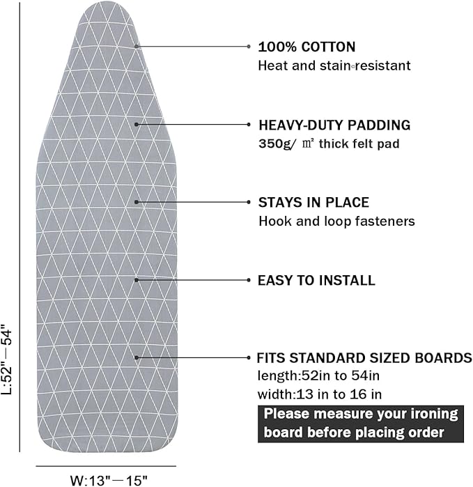 Ironing Board Cover and Pad Standard Size 15 x 54, 3 Pairs of Hook and Loop