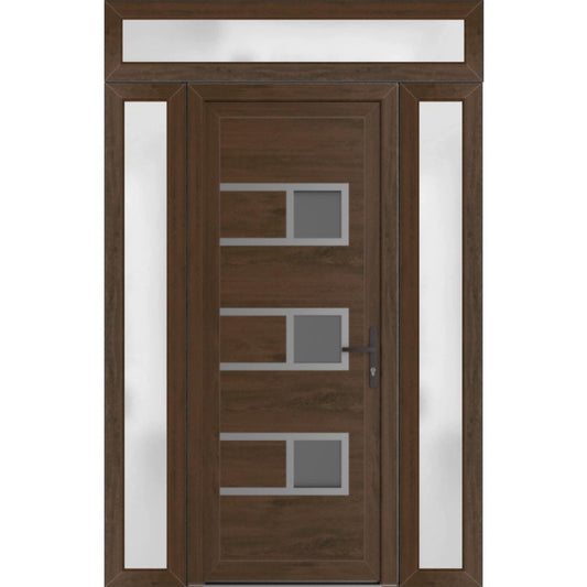 VDOMDOORS Front Exterior Prehung Metal-Plastic Door Frosted Glass | Manux 8933 Walnut | 2 Side, Top Sidelite Transom | Residential Doors Entrance Patio Garage 58 x 94 (W14+30+14 x H80+14)Left-Inswing