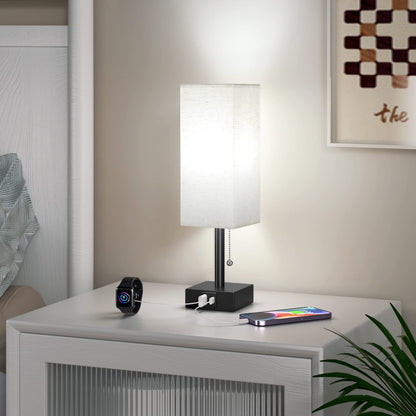 Aooshine Bedside Lamps, Table Lamp with USB C+A Charging Ports, Small Lamp with 3-Color Modes with Pull Chain, Bedroom Lamps with Beige White Fabric Shade(LED Bulb Included)