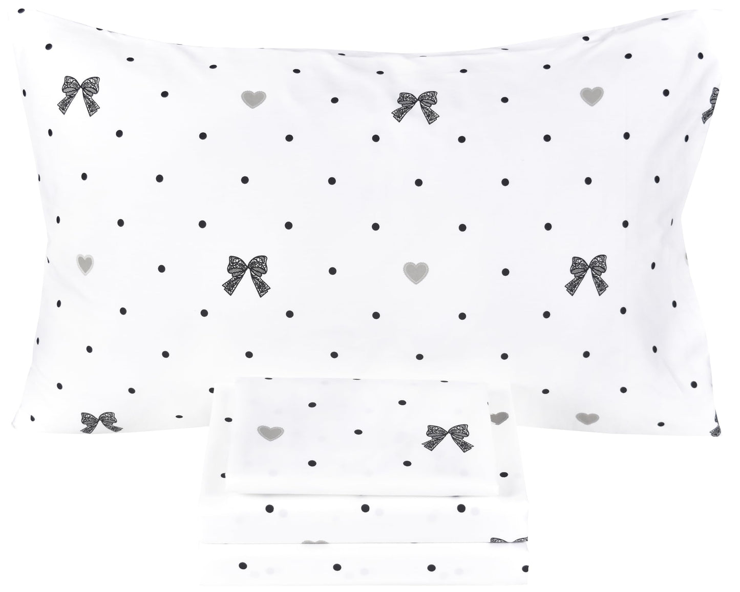 Scientific Sleep Lace Bow Bowknot Black Dot 100% Cotton 4 Pcs Full Bed Sheet Set Kids Boys Girls Teens, Flat Sheet & Fitted Sheet & Pillowcase Kids Bedding Set (Bow, Full)