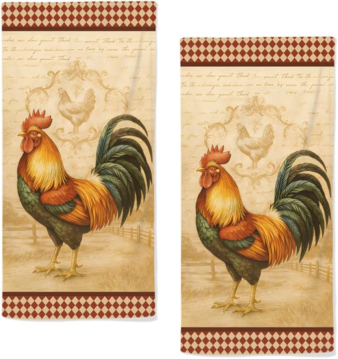 Farm Chicken Hand Towels, Decorative Rooster Towels Sets of 2 Soft Rustic