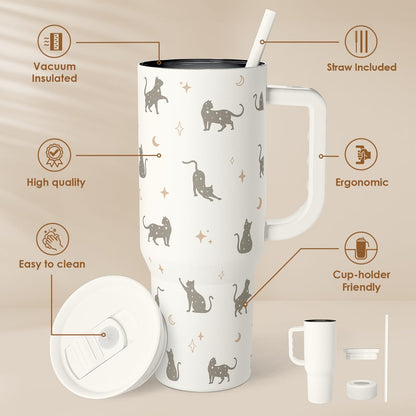 Gift for Cat Lovers Cat Mom – 40oz Stainless Steel Tumbler with Handle and Straw - Travel Coffee Mug for Women, Gift for Birthday, Christmas