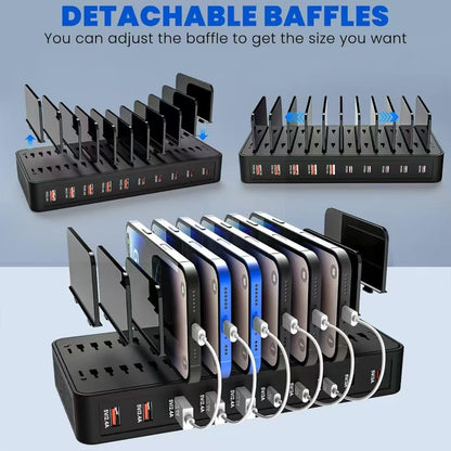 Haioulun 100W 10-Port Smart Charging Station | 5 USB-A & 5 USB-C Ports | Organized Design for Cellphones, Tablets, Watches & More (Black)