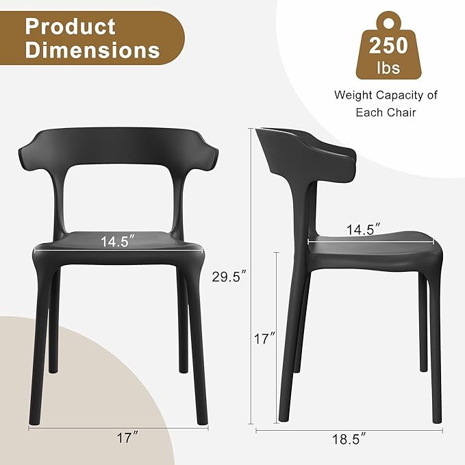 VECELO 4 Pack Plastic Stacking Chairs, Stackable Dining Chairs for Kitchen Restaurant Patio, Portable Indoor Outdoor Use, No Assembly Required, Black