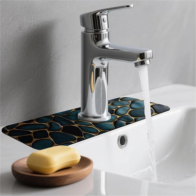 Kitchen Sink Splash Guard，Blue and gold stones Faucet Mat Sink Gadgets-Super