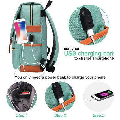 MODOKER Vintage Women Laptop Backpack with USB Charging Port, School College Backpack for Women Men Fashion Backpack Fits 15.6Inch Notebook, Slim Casual Travel Daypack Bookbag Green