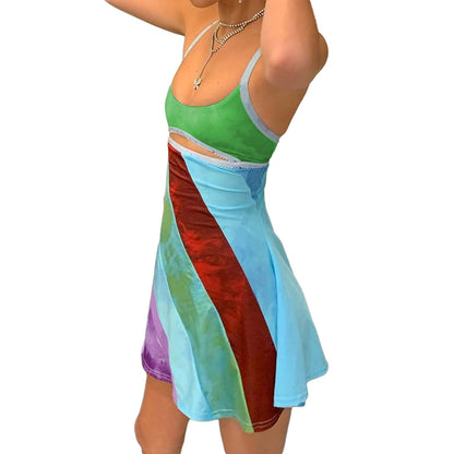 Women's Vintage Print Semi-Sheer Sheath Dress 2004s Fashion Bodycon Mini Slip Dress Retro Bandana Print Fitted Strap Dress (Green, S)