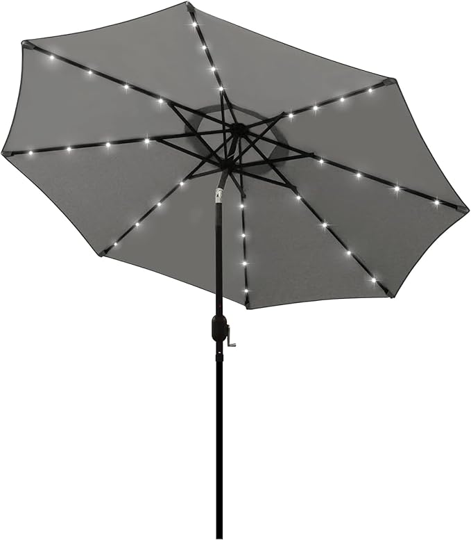 Blissun 9 ft Solar Umbrella, 32 LED Lighted Patio Umbrella, Table Market Umbrella, Outdoor Umbrella for Garden, Deck, Backyard, Pool and Beach (Grey)