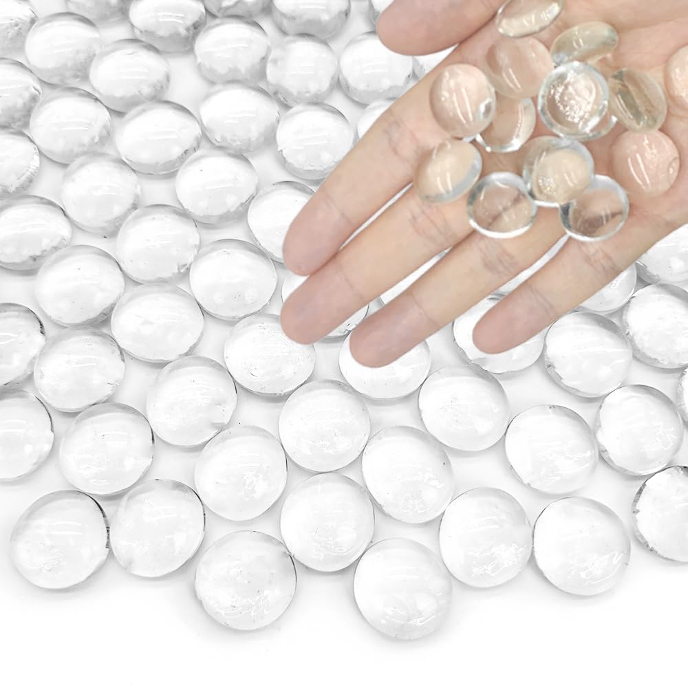 HappyFiller 5 LB 500 Pcs Clear Flat Marbles Glass Gems for Vase Filler Decorative Candle Holder Stones Fountain Rocks,Aquarium Fish Tank Pebbles,Fire Pit Glass Beads Fireplace Decor