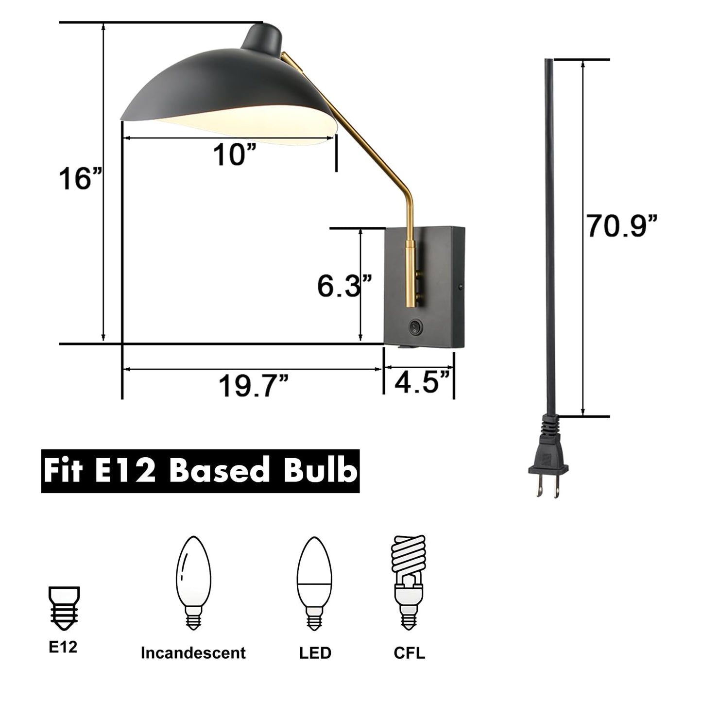 CLAXY Plug in Wall Sconces Swing Arm Wall Mounted Lighting Matte Black