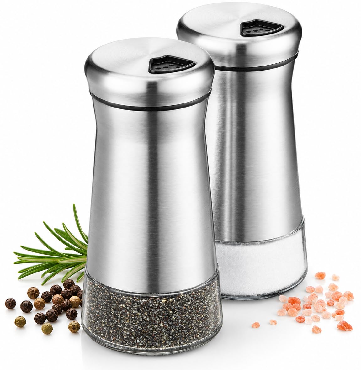 Salt and Pepper Shaker Set, Stainless Steel & Glass Spice Shakers, Adjustable Pour Holes, Refillable Salt & Pepper Dispensers for Kitchen & Dining Table Set of 2 Bottles